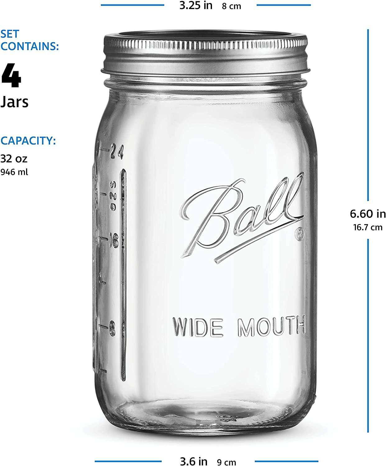 Ball Regular Mouth Mason Jars 32 oz [4 Pack] With mason jar lids and Bands, Ball mason jars 32 oz - For Canning, Fermenting, Pickling, Jar Decor - Microwave/Freeze/Dishwasher Safe + SEWANTA Jar Opener