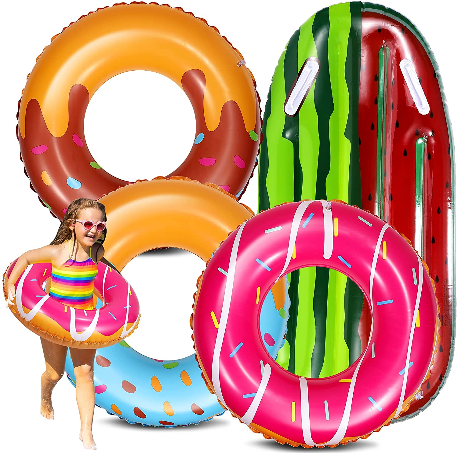 4 Pack Inflatable Float Summer Ring with Donut Designs and Watermelon Surfboard Swimming Pool Float Toys for Summer Water Parties Outdoor Water Activities