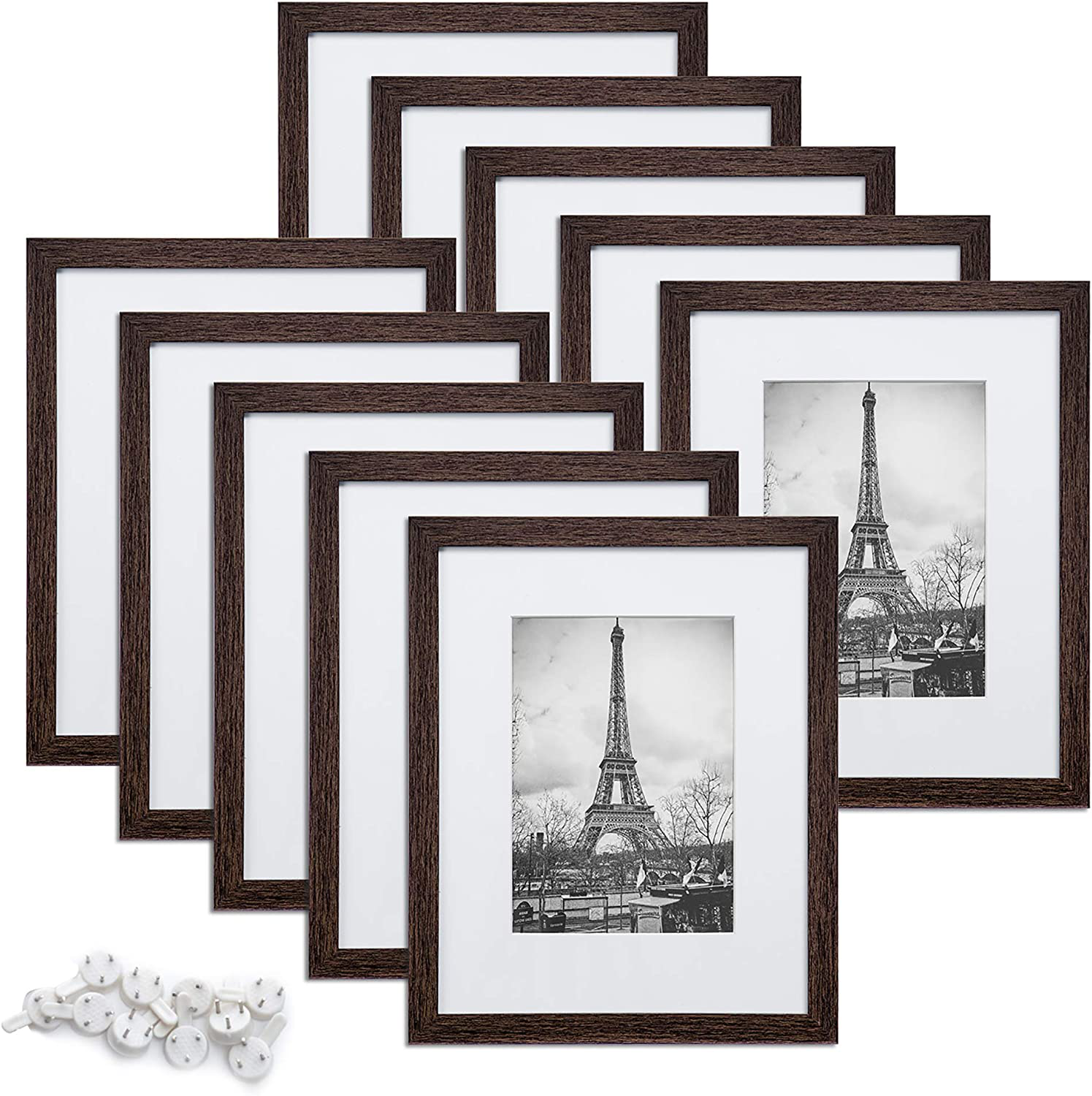 upsimples 8x10 Picture Frame Set of 10,Display Pictures 5x7 with Mat or 8x10 Without Mat,Multi Photo Frames Collage for Wall or Tabletop Display,Dark Brown Woodgrain