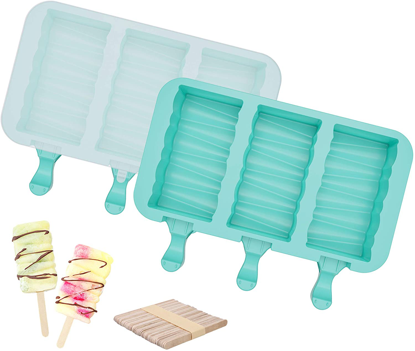 Ozera 2 Pack Popsicle Molds, 4 Cavities Homemade Silicone Popsicle Molds Easy Release Ice Pop Molds with 50 Wooden Sticks for DIY Ice Popsicle