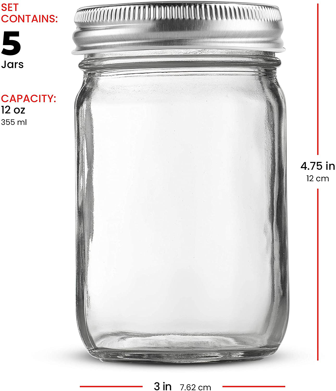 Glass Regular Mouth Mason Jars, Glass Jars with Silver Metal Airtight Lids for Meal Prep, Food Storage, Canning, Drinking, Overnight Oats, Jelly, Dry Food, Spices, Salads, Yogurt (5 Pack) (32 Ounce)