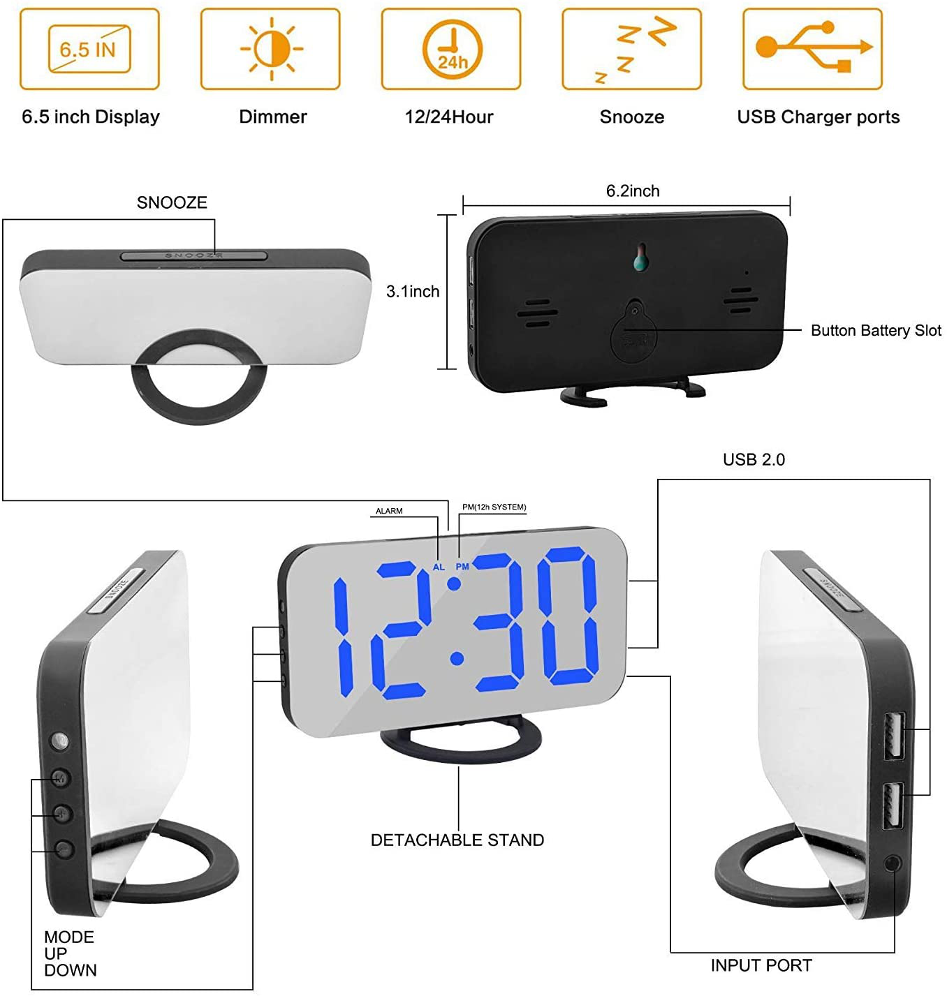 Digital Alarm Clock,LED and Mirror Desk Clock Large Display,with Dual USB Charger Ports,3 Levels Brightness,12/24H,Modern Electronic Clock for Bedroom Home Living Room Office - Gold