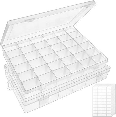 Outuxed 2pack 36 Grids Clear Plastic Organizer Box Storage Container Jewelry Box with Adjustable Dividers for Beads Art DIY Crafts Jewelry Fishing Tackles with 5 Sheets Label Stickers