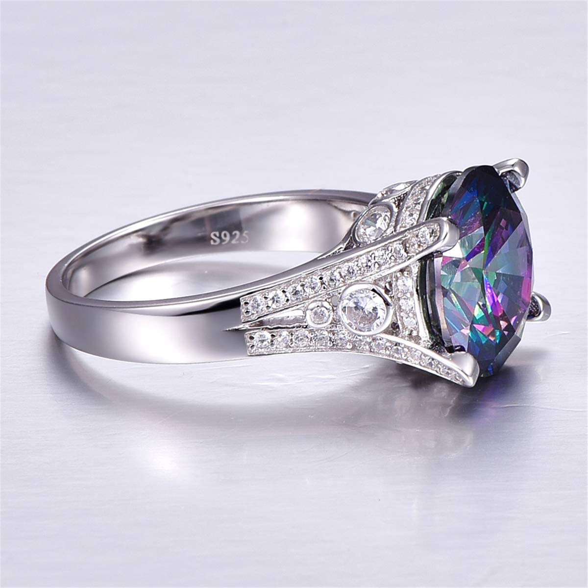 925 Sterling Silver Rings for Her 10.5Ct round Cut Created Mystic Rainbow Topaz Cubic Zirconia CZ Solitaire Promise Engagement Ring