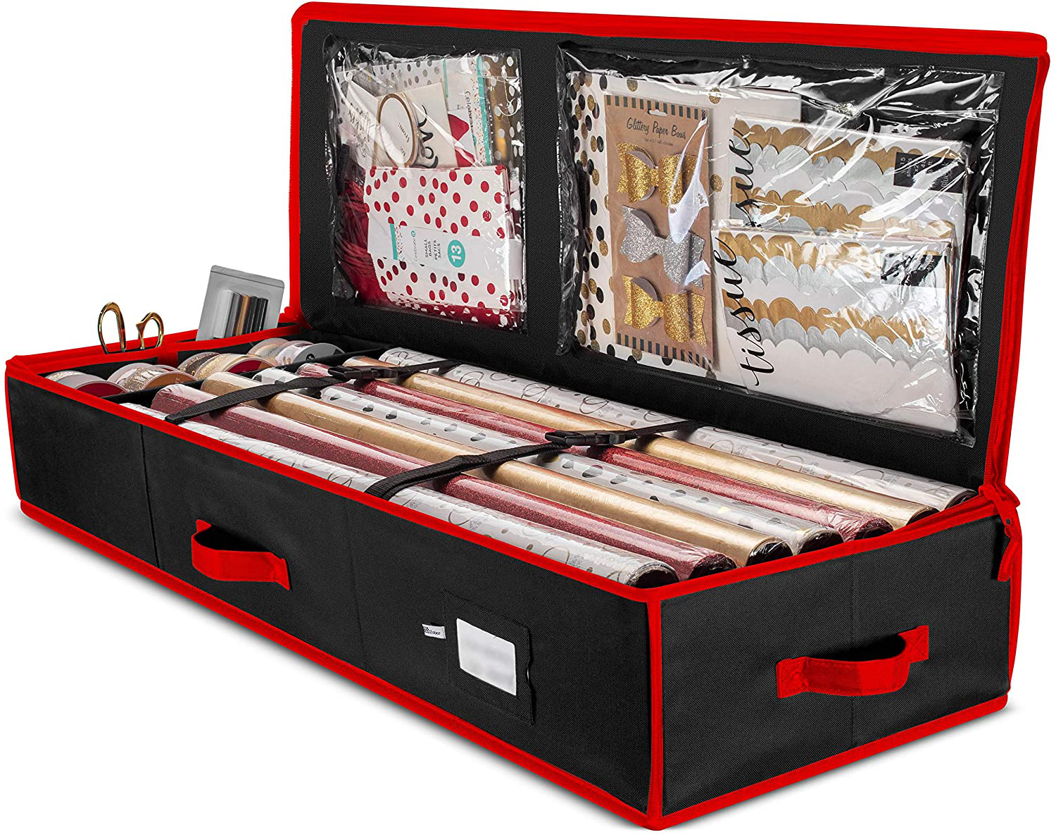 ZOBER Premium Wrap Organizer, Interior Pockets, Fits 18-24 Standers Rolls, Underbed Storage, Wrapping Paper Storage Box and Holiday Accessories, 40” Long - Tear-Proof Fabric - 5-Year Warranty