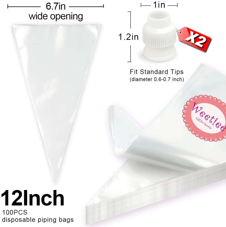 Weetiee Pastry Piping Bags -100 Pack-12-Inch Disposable Cake Decorating Bags Anti-Burst Cupcake Icing Bags for All Size Tips Couplers and Baking Cookies Candy Supplies Kits - Bonus 2 Couplers