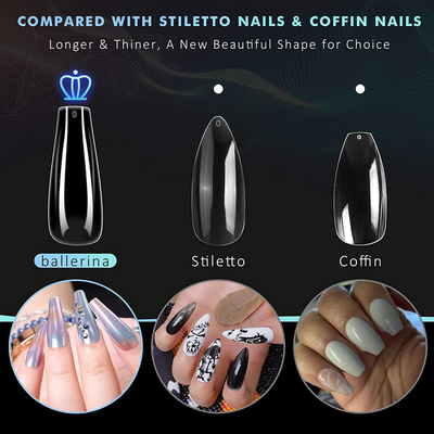 Coffin Nails Long Fake Nails - Clear Acrylic Nails Coffin Shaped Ballerina Nails Tips 500Pcs Full Cover False Nail with 4Pcs Nail Glues and 1Pcs Nail File, 10 Sizes