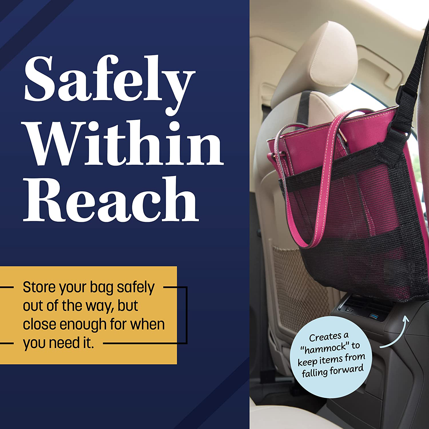Car Cache Purse Holder for Car - Net Pocket Organizer for Handbag Storage between Seats - Dog Barrier - Car Accessories for Women
