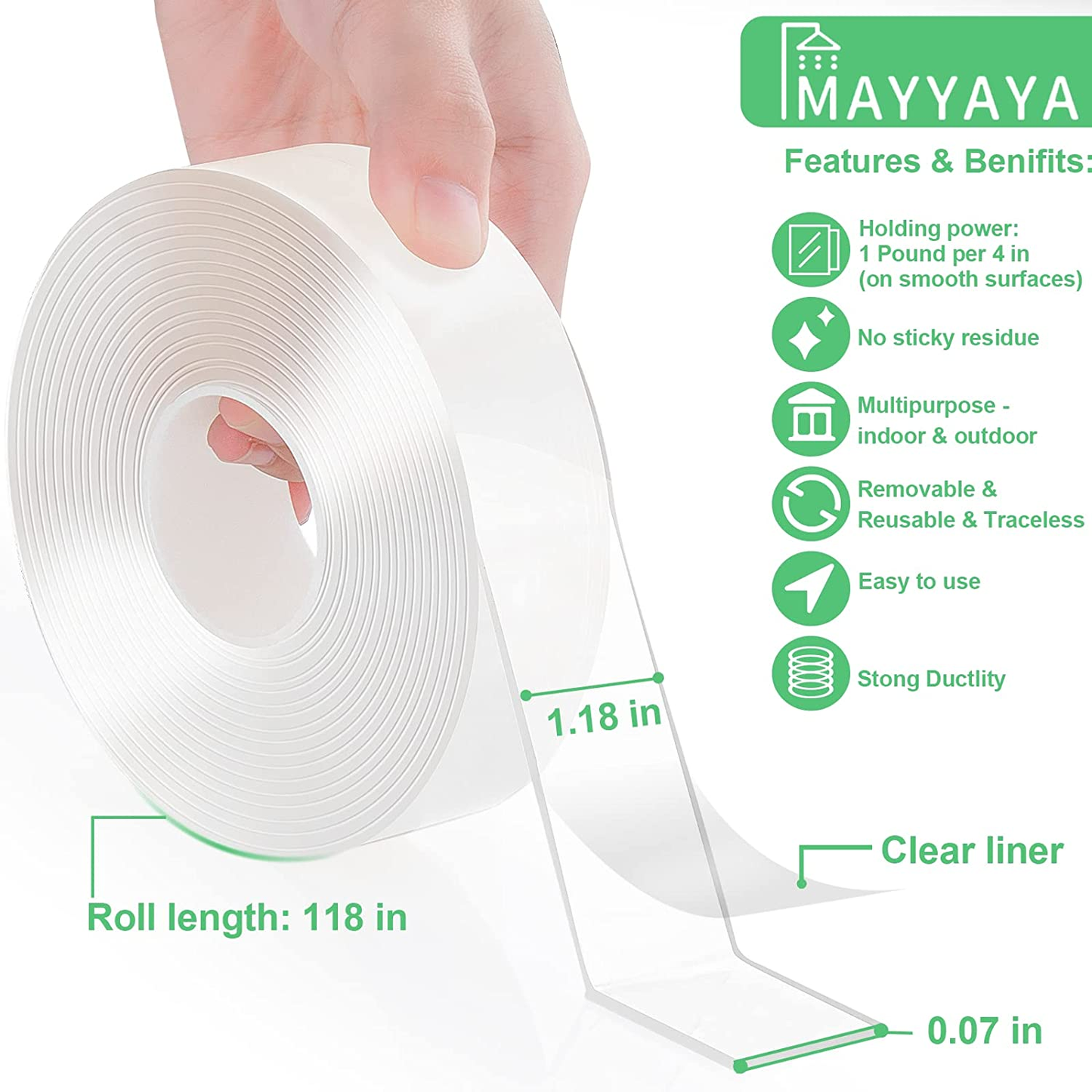Nano Double Sided Tape Heavy Duty(1.18"W, 9.8FT), Mounting Tape Strong Sticky, Removable Strong Adhesive Tape, MAYYAYA Double Sided Mounting Tape for Picture Frame, Wall, Carpet, Home and Office Décor