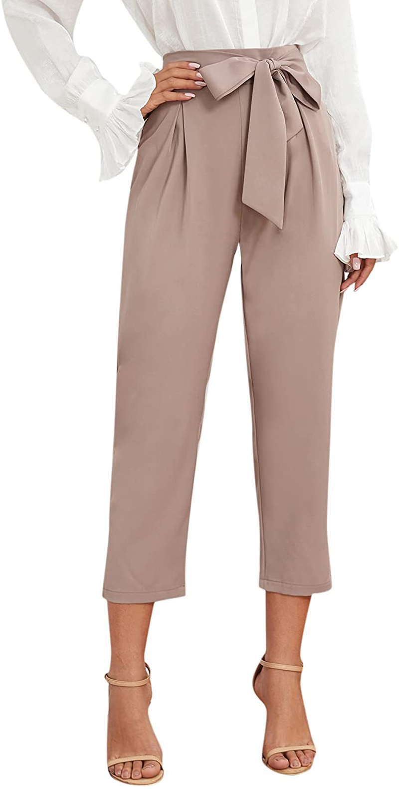 Milumia Women's Elegant Tie Front High Waisted Pants Pleated Work Office Ankle Pants