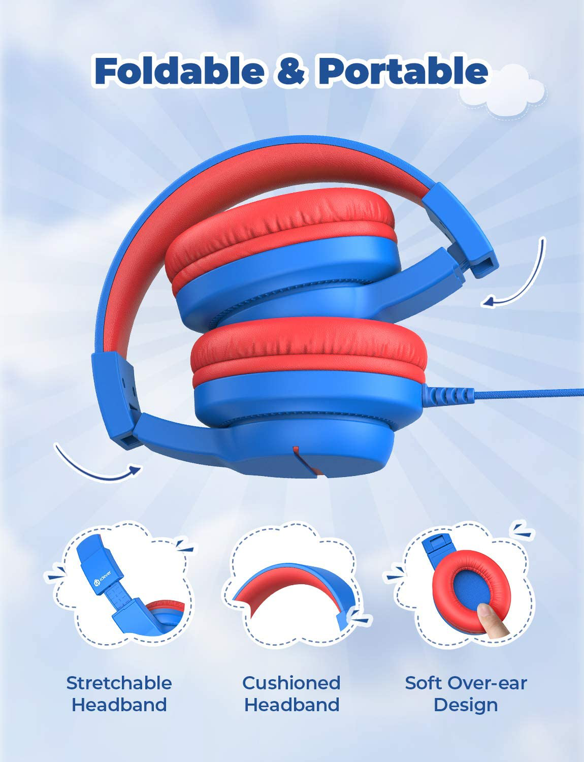iClever HS19 Kids Headphones with Microphone for School, Volume Limiter 85/94dB, Over-Ear Girls Boys Headphones for Kids with Shareport, Foldable Wired Headphones