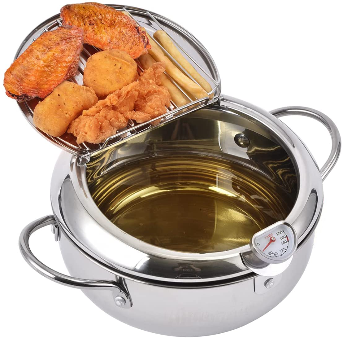 Prodent Oil Fryer Frying Pot,Non-stick Stainless Steel Deep Fryer Pot with Thermometer and Oil Drip Rack Lid,Tempura Fryer Pan with Handle for Home Fry Chicken Chips Fish Shrimp(9.4inch,silver)