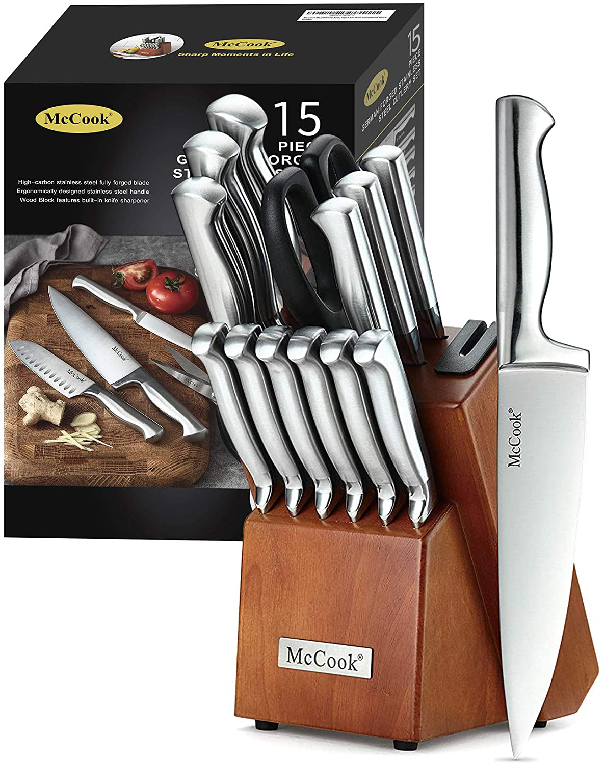 McCook MC29 Knife Sets,15 Pieces German Stainless Steel Kitchen Knife Block Sets with Built-in Sharpener