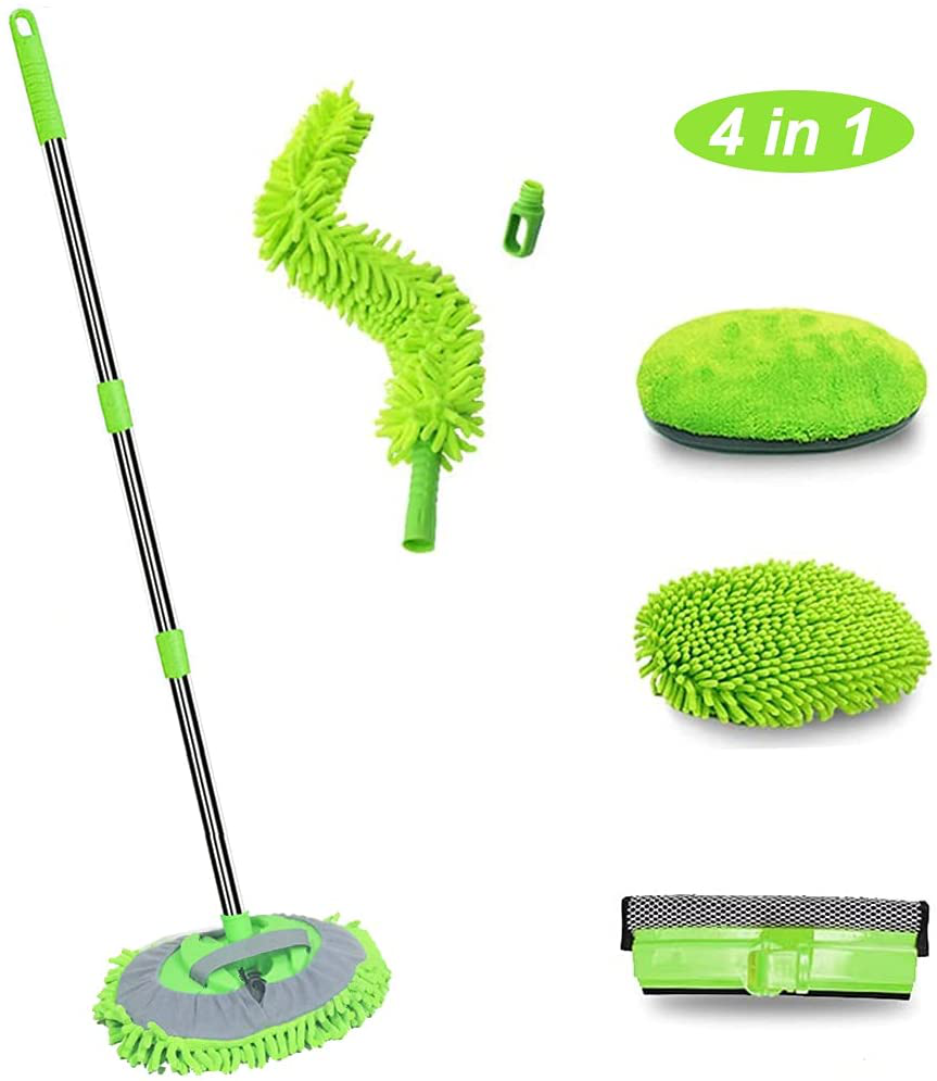 KYLER Car Wash Brush with Long Handle - 4 in 1 Car Cleaning Mop, Car Duster, Window Squeegee and Chenille Microfiber, 45'' Long Handle Car Mop, Vehicle Wash Brush Kit