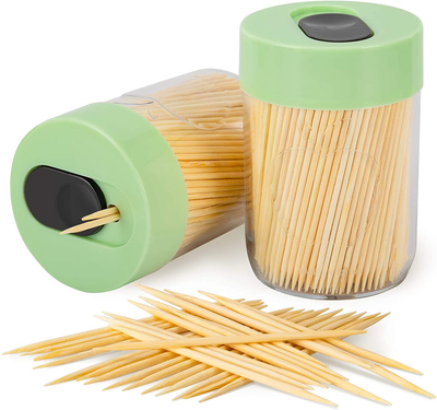 Urbanstrive Sturdy Safe Toothpick Holder with 800 Natural Wood Toothpicks for Teeth Cleaning, Unique Home Design Decoration, Unusual Gift, 2 Pack, Green