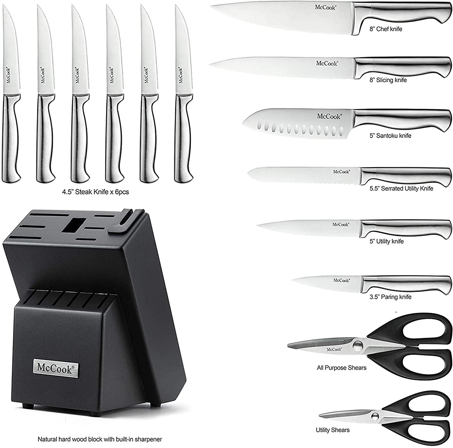 McCook MC29 Knife Sets,15 Pieces German Stainless Steel Kitchen Knife Block Sets with Built-in Sharpener