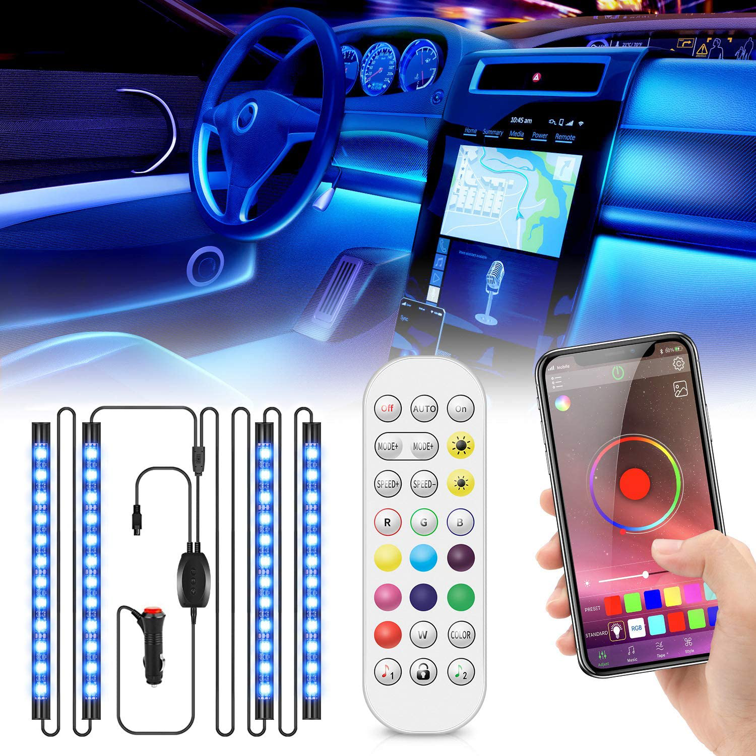 Interior Car Lights, Upgrade 2-in-1 Design DC 12V Sound Activated 48 Led Car Strip Lights, Box Control, Remote Control and APP Control Lighting Kits for All Vehicles, Parties, Indoor/Outdoor