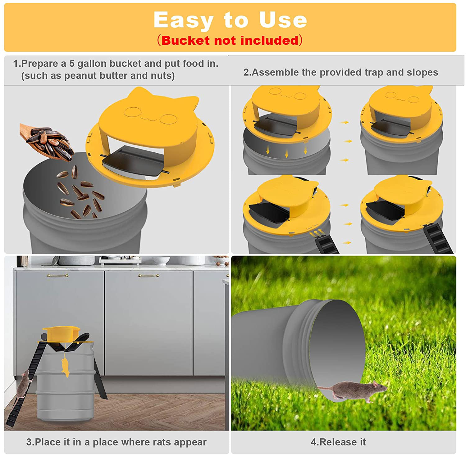 Flips N-Slide Mouse Bucket Lid Trap,Upgraded Magnetic Mouse Bucket Lid Traps for 5 Gallon Bucket Auto Resets Humane or Lethal Trap Door Style, Mice Control Traps (Yellow-Cat Face-1 Pack)