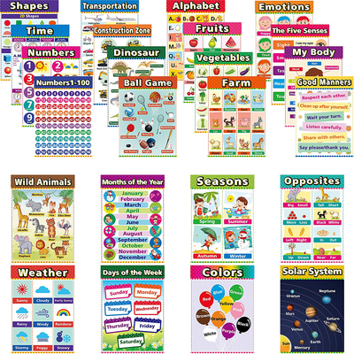 Kids Posters for Kindergarten Classroom Learning, Toddler School Supplies,Educational Toys for 2-4 Year Olds with Glue Point Dot for Nursery Homeschool Kindergarten Classroom Includes Abc Alphabet,Fruit,Season,Emotions and More(18 Pieces, English Style)