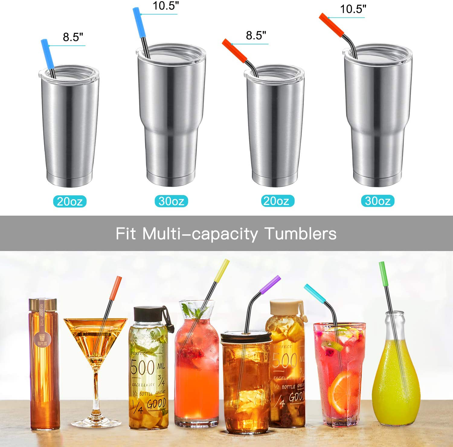 Reusable Metal Straws with Silicone Tip & Travel Case & Cleaning Brush,Long Stainless Steel Straws Drinking Straw for 20 and 30 oz Tumbler