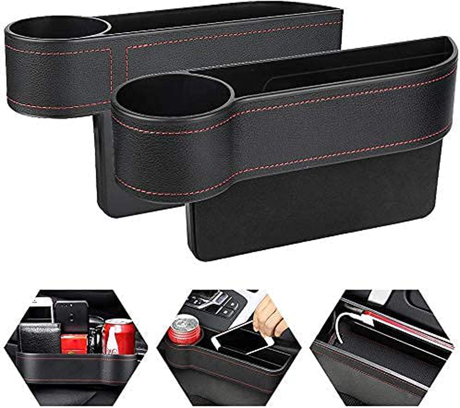 Car Seat Gap Filler, Multifunctional Car Seat Organizer with Cup Holder, Car Console Side Organizer for Cellphones, Wallets, Keys, Coin, Cards, Sunglasses, Passenger Side & Driver Side - Black