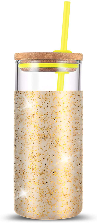 tronco 20oz Glass Tumbler Straw Silicone Protective Sleeve Bamboo Lid - BPA Free (Dot Gold)