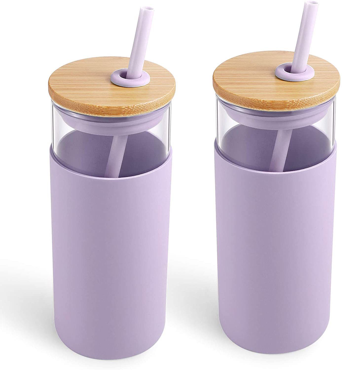 tronco 20oz Glass Tumbler Glass Water Bottle Straw Silicone Protective Sleeve Bamboo Lid - BPA Free (Light Purple-2Pack)