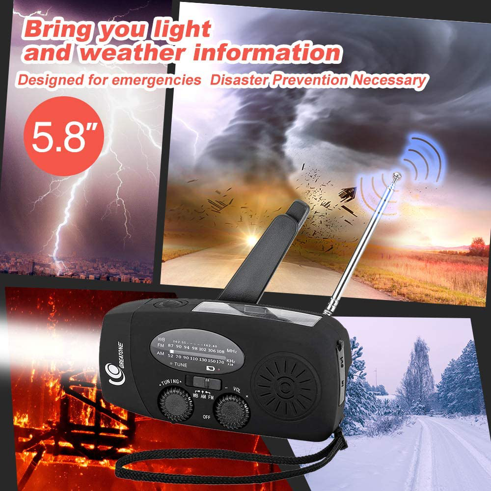 Weather Radio Emergency Hand Crank Self Powered AM/FM NOAA Solar Portable Camping Weather Radio with LED Flashlight