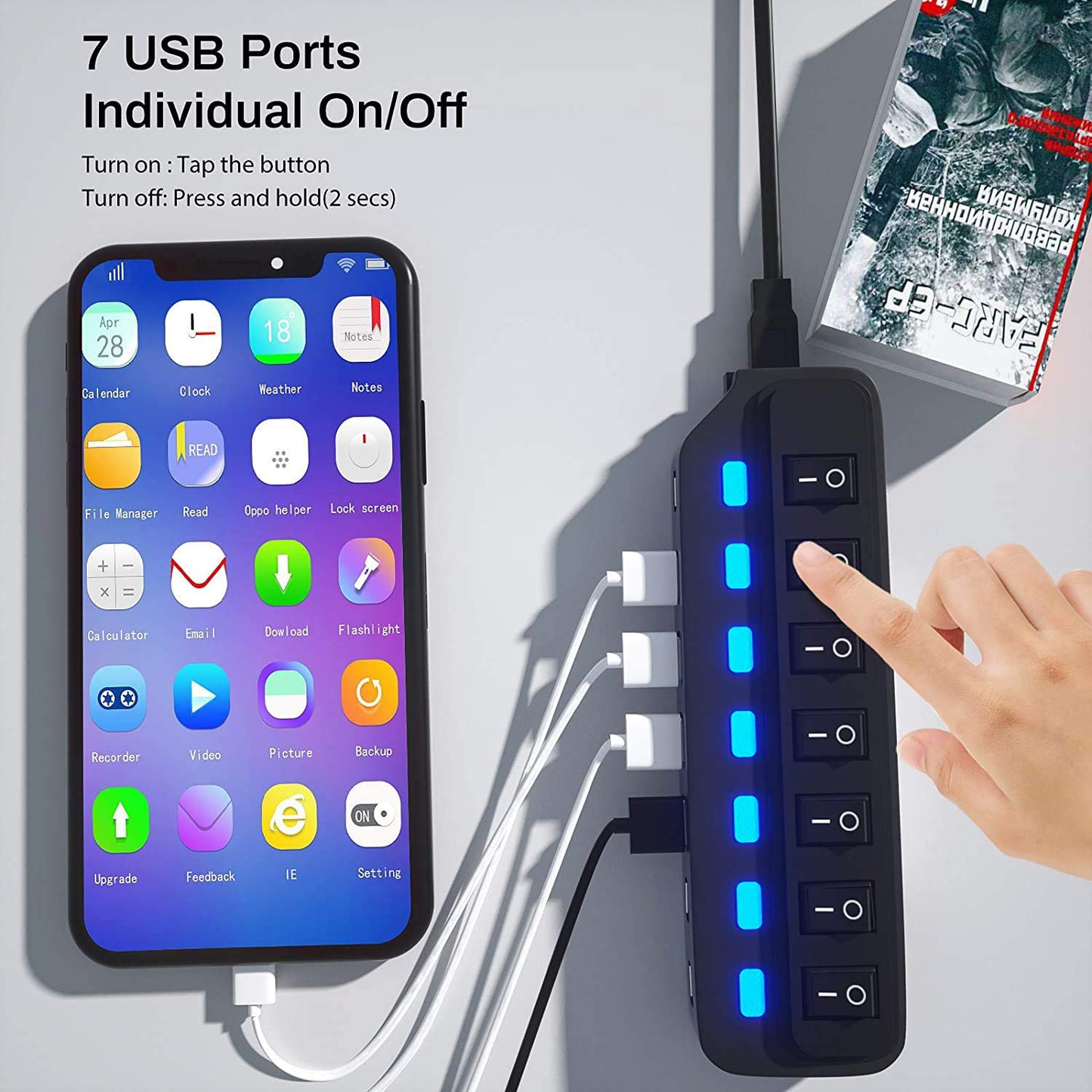 USB Hub 3.0 Splitter,7 Port USB Data Hub with Individual On/Off Switches and Lights for Laptop, PC, Computer, Mobile HDD, Flash Drive and More