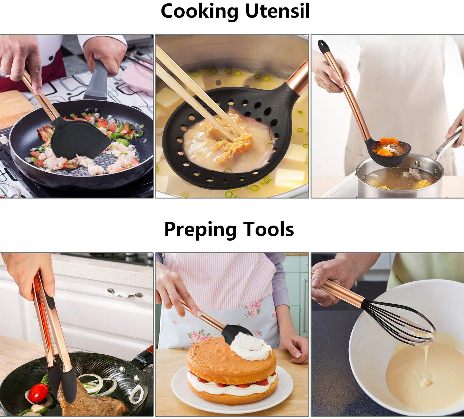 Mibote 17 Pcs Kitchen Utensils Set with Holder, Silicone Cooking Kitchen Utensils Set with Stainless Steel Handle (Copper)