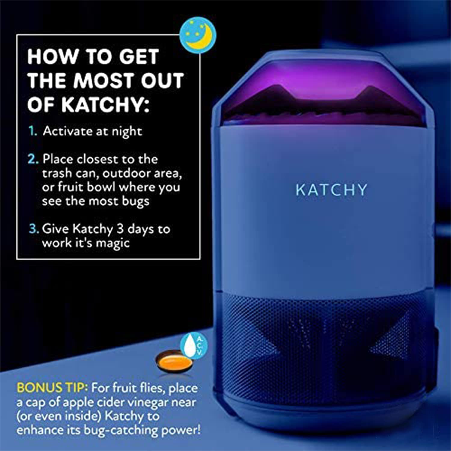 Katchy Indoor Insect Trap - Catcher & Killer for Mosquito, Gnat, Moth, Fruit Flies - Non-Zapper Traps for Buzz-Free Home - Catch Flying Insect Indoors with Suction, Bug Light & Sticky Glue (White)