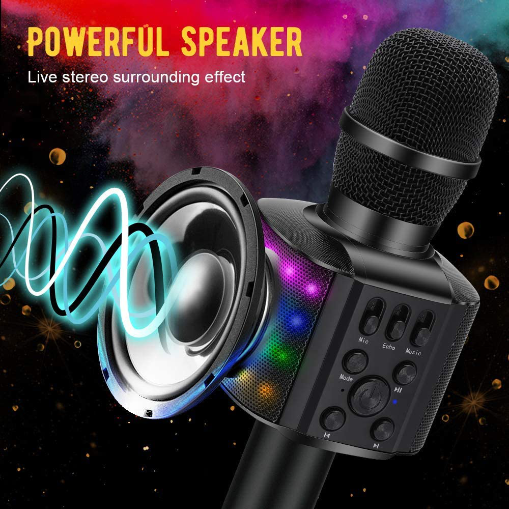 BONAOK Wireless Bluetooth Karaoke Microphone with controllable LED Lights, 4 in 1 Portable Karaoke Machine Mic Speaker Birthday Home Party for All Smartphones PC(Q36 Silver)