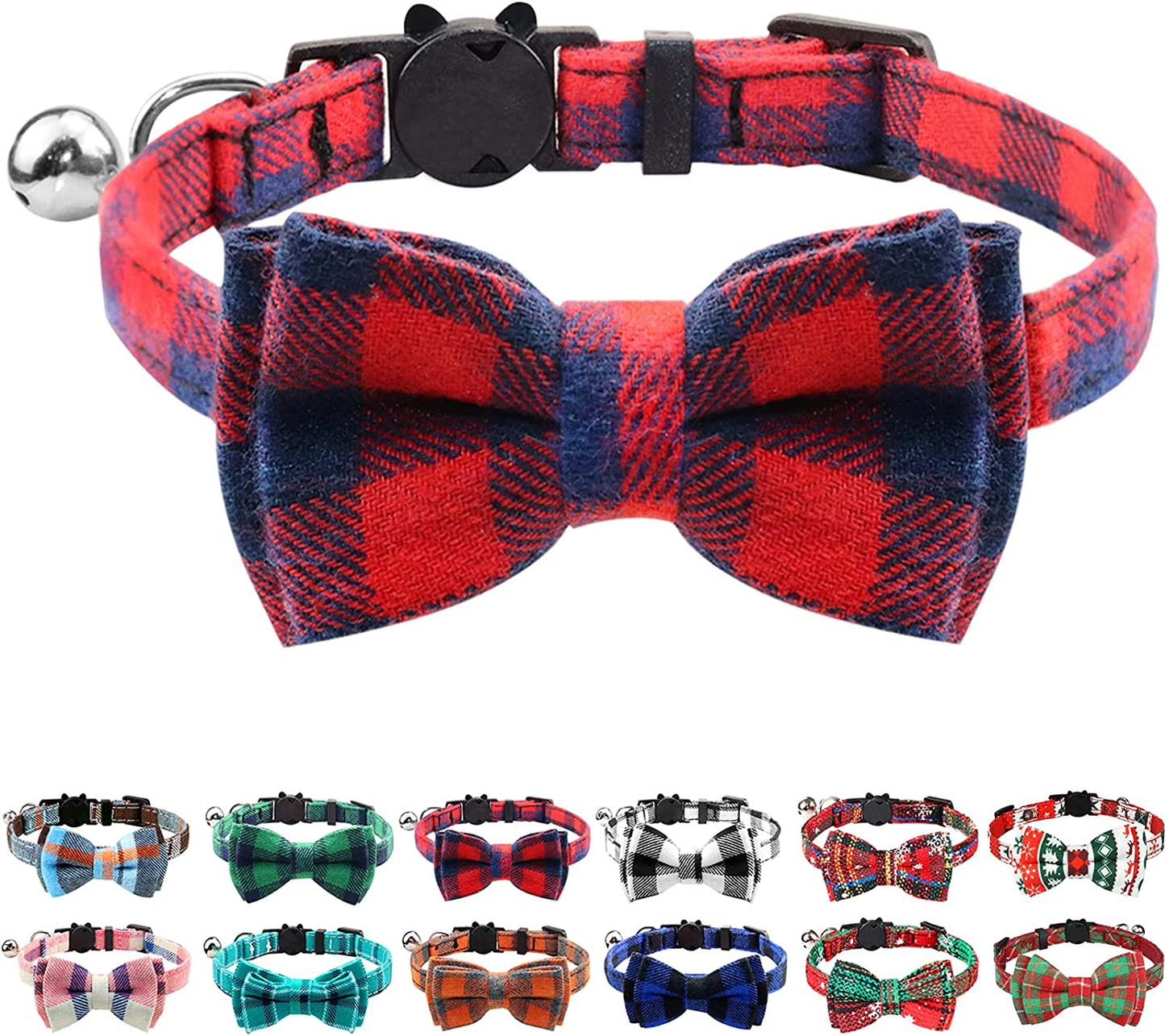 Joytale Breakaway Cat Collar with Bow Tie and Bell, Cute Plaid Patterns, 1 Pack Kitty Safety Collars,Haze Blue