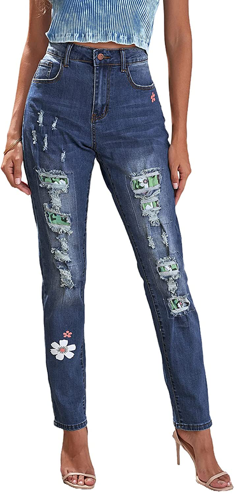 Dokotoo Women High Waisted Distressed Skinny Jeans Stretchy Ripped Hole Denim Pants