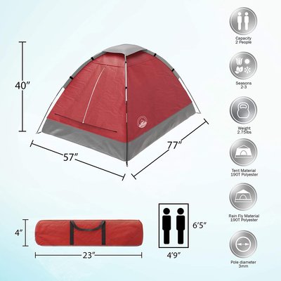 2-Person Tent, Dome Tents for Camping with Carry Bag by Wakeman Outdoors (Camping Gear for Hiking, Backpacking, and Traveling) - RED , 6.25’ X 4.80’ X 3.50’