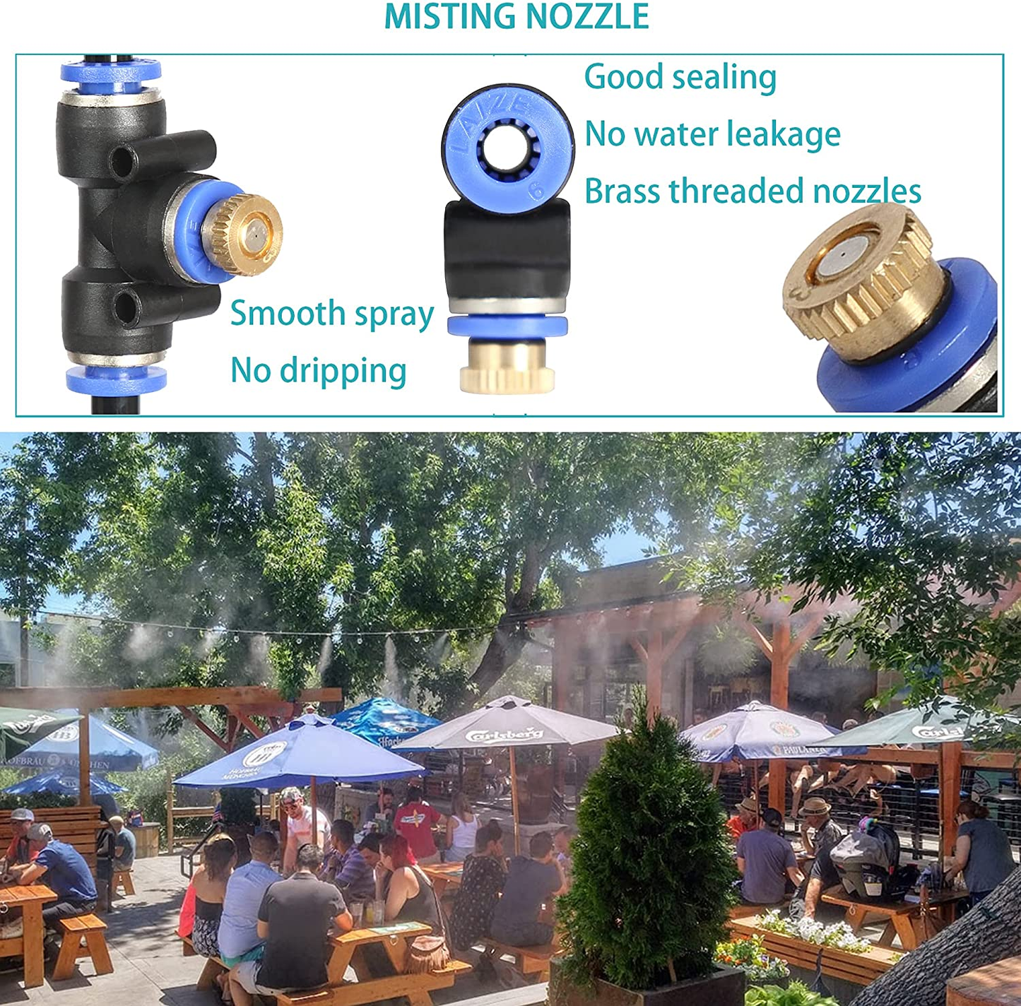 Misting Cooling System, 32.8Ft Misting Line + 14 Brass Nozzles,Misters for Outdoor Patio Garden Greenhouse Trampoline Waterpark