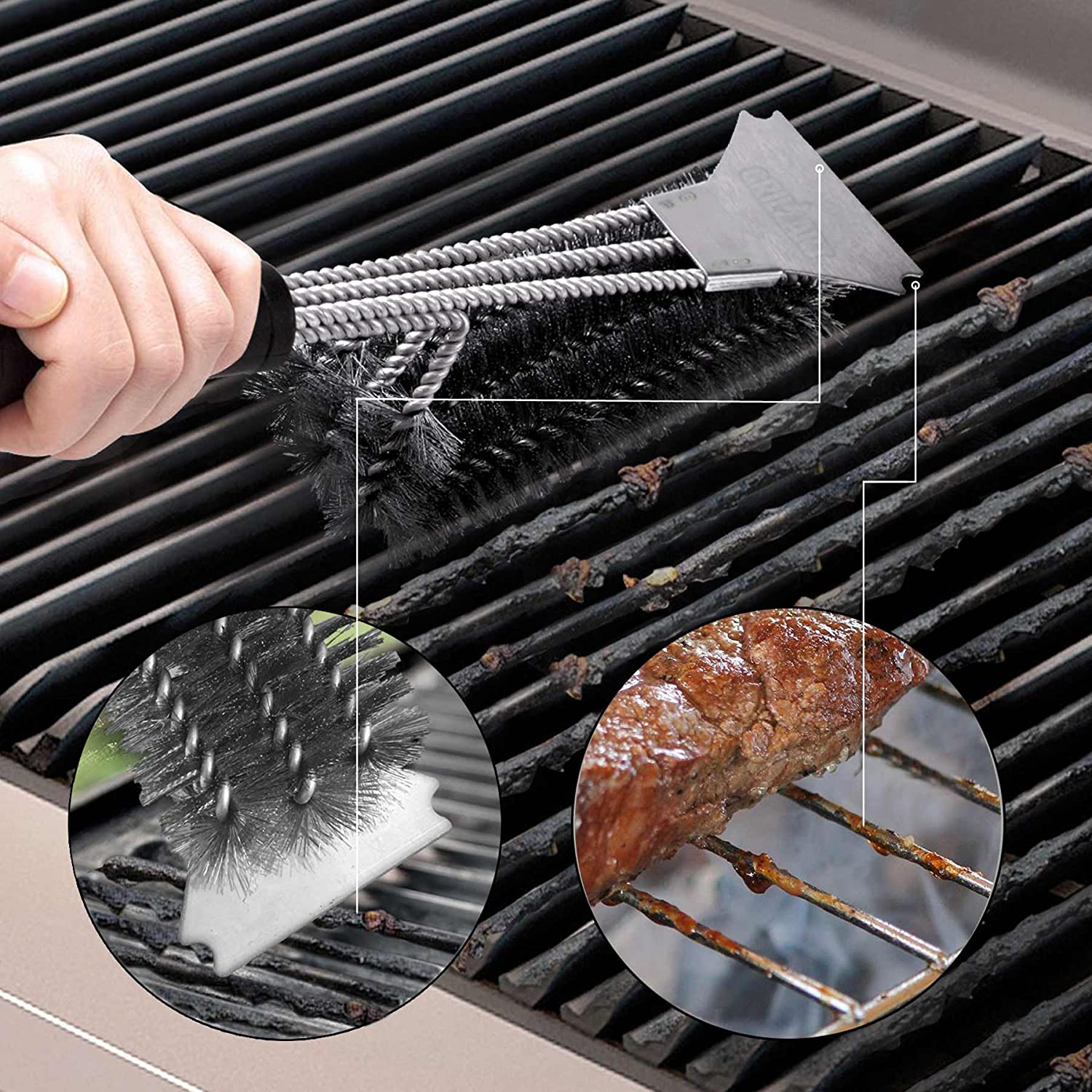 Grill Brush and Scraper - Extra Strong BBQ Cleaner Accessories - Safe Wire Bristles 18" Stainless Steel Barbecue Triple Scrubber Cleaning Brush for Gas/Charcoal Grilling Grates, Wizard Tool