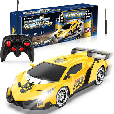 Growsland Remote Control Car, RC Cars Xmas Gifts for Kids 1/18 Electric Sport Racing Hobby Toy Car Yellow Model Vehicle for Boys Girls Adults with Lights and Controller