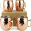 PG Moscow Mule Mugs | Large Size 19 Ounces | Set of 4 Hammered Cups | Stainless Steel Lining | Pure Copper Plating | Gold Brass Handles | 3.7 Inches Diameter X 4 Inches Tall