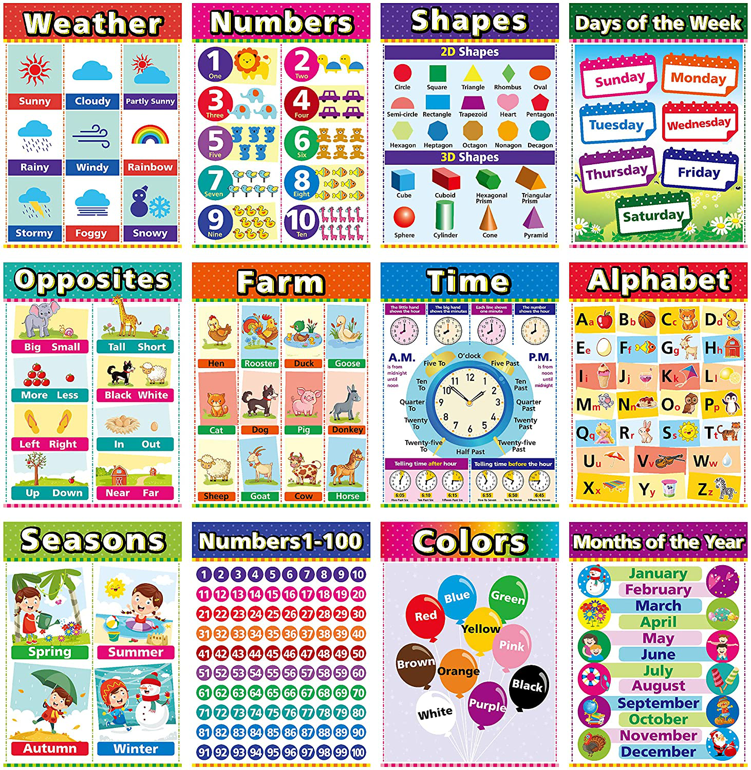 Educational Charts & Posters for Toddler Learning ,Home Schooling Materials Pre-k,Preschool Homeschool Supplies,Classroom Posters Elementary-Teach Days of the Week+Moths of the Year+Numbers+Seasons+Opposites+Time (6 Pieces, English Style)