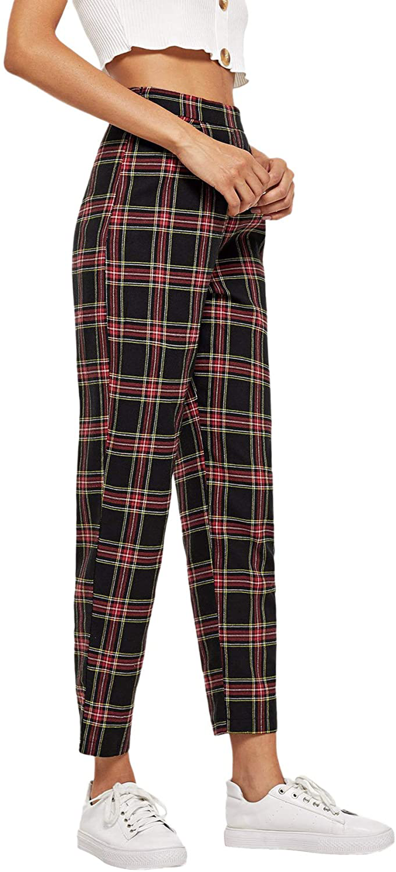 Milumia Women's Casual Mid Waist Plaid Zip Side Pants