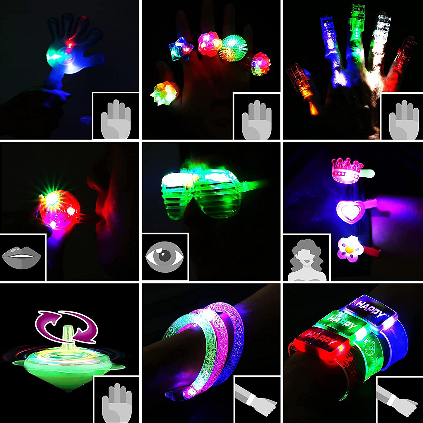 82Pcs LED Light up Toy Bulk Party Favors, Glow in the Dark Party Supplies for Boy Girl with 50 Finger Light,6 Jelly Ring, 6 Glasses,5 Spinning Top, 3 Bracelet,3 Hairpin, 3 Whistle, 3 Hand Clap,3 Watch