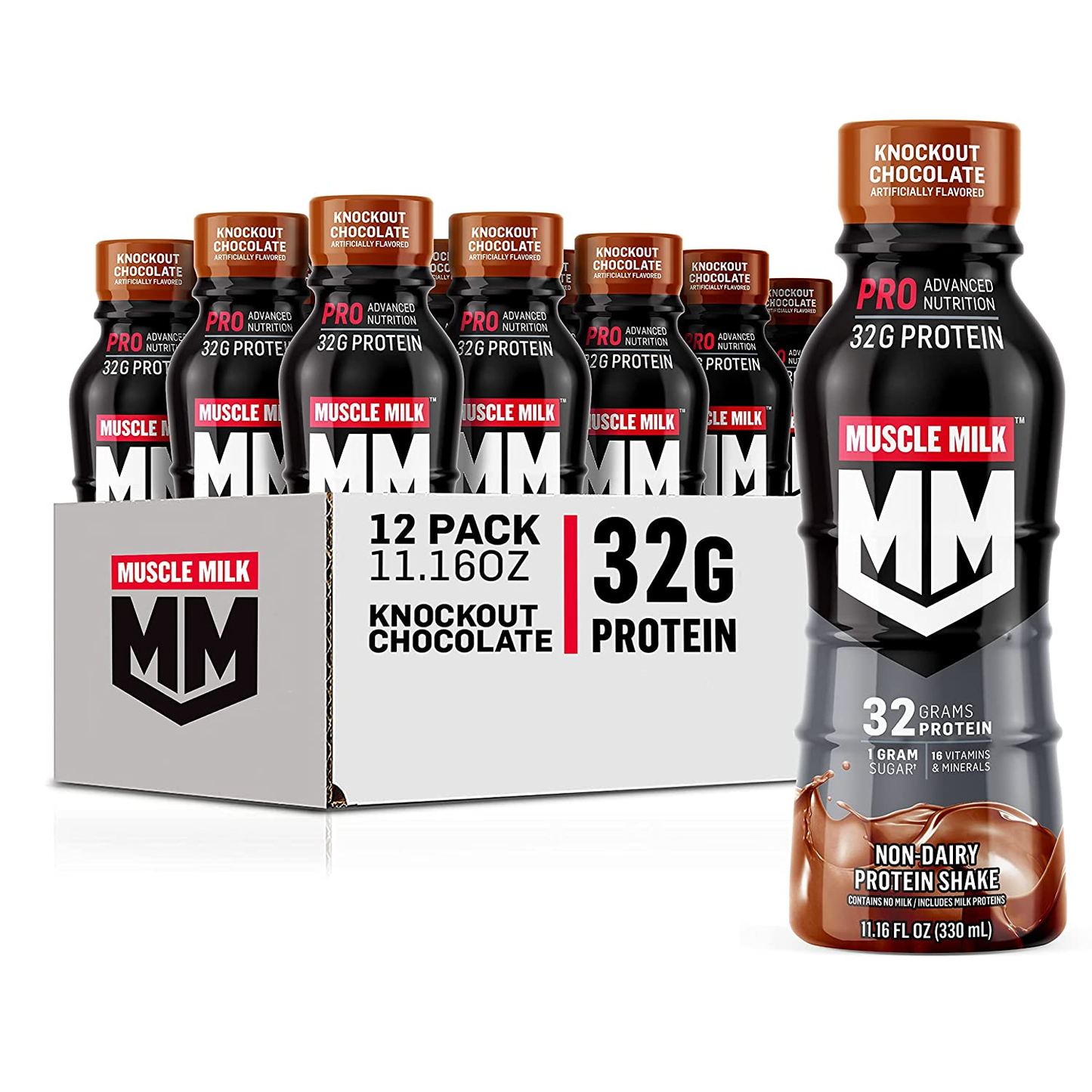 Muscle Milk Pro Advanced Nutrition Protein Shake, Knockout Chocolate, 11.16 Fl Oz Bottle, 12 Pack, 32G Protein, 1G Sugar, 16 Vitamins & Minerals, 5G Fiber, Workout Recovery, Energizing Snack, Packaging May Vary