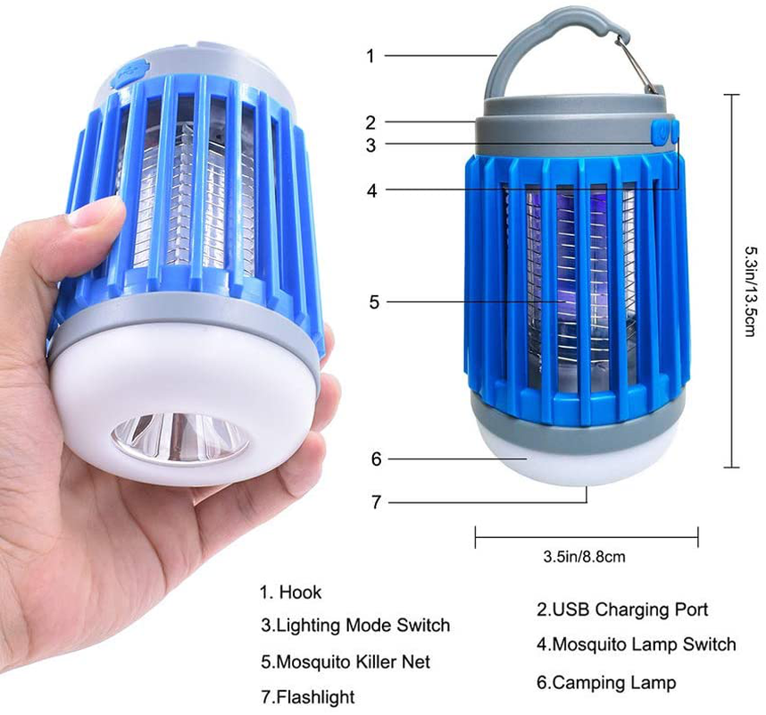 2021 Bug Zapper Outdoor Camping Lantern LED Flashlight Tent Light, 3-in-1 Portable IPX7 Waterproof Mosquito Killer Camp Lamp with 2200mAh USB Rechargeable Battery, SOS Emergency, Retractable Hook