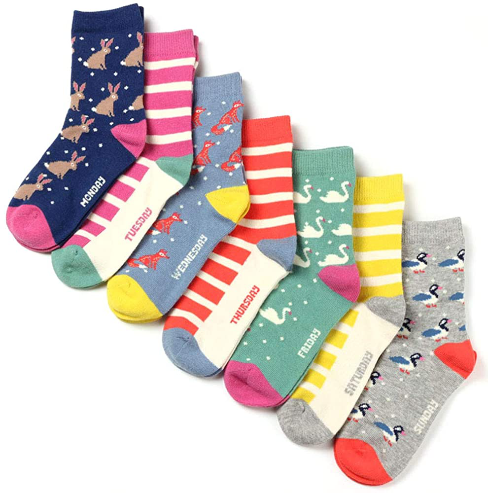 COTTON DAY 7 Days of the Week Toddler Little Big Kids Girls Cute Pattern Design Socks