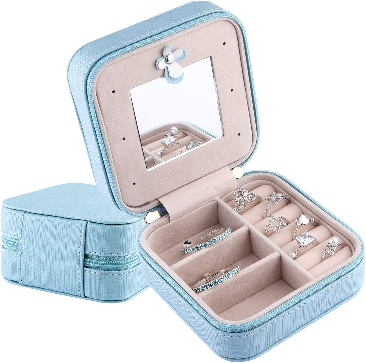 Small Jewelry Box, Travel Mini Organizer Portable Display Storage Case for Rings Earrings Necklace,Gifts for Girls Women (Blue)