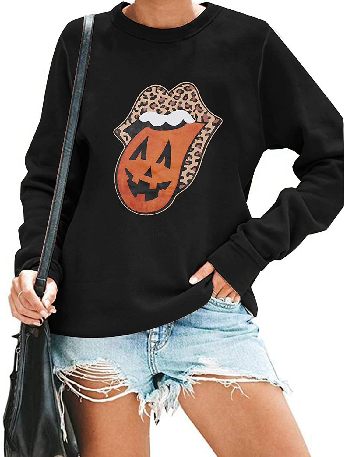 Women's Halloween Pumpkin Face Long Sleeve Sweatshirts Lightweight Casual Pullover Tops