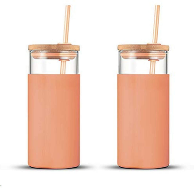 tronco 20oz Glass Tumbler Glass Water Bottle Straw Silicone Protective Sleeve Bamboo Lid - BPA Free (Papaya/2-Pack)