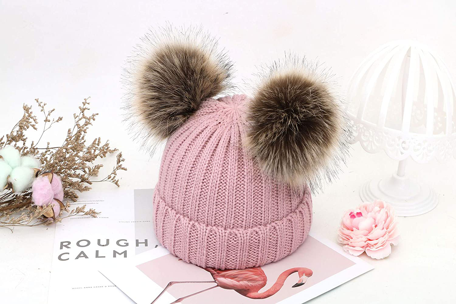 Simplicity Warm Kids Boys Girls Winter Hat with Pompom Ears Elastic Knitted Toddler Beanie Hats for Girls Boys