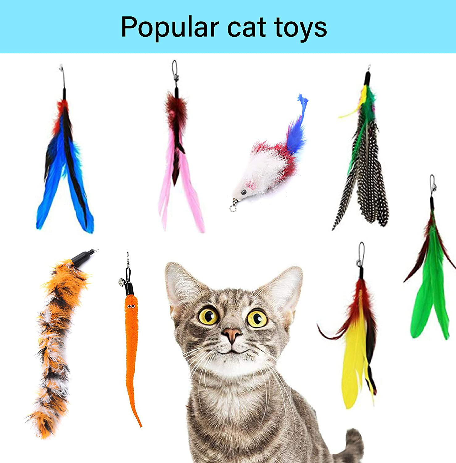 9 Piece Set Cat Natural Feather Teaser Toys 